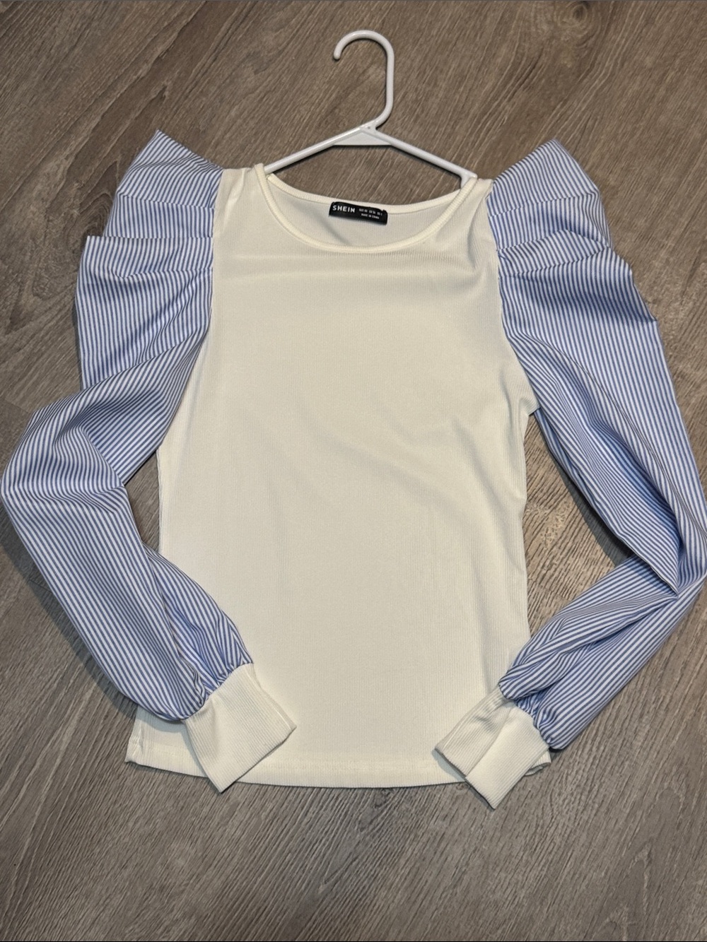 SHEIN White Bodice Top with Blue Striped Puff Sleeves